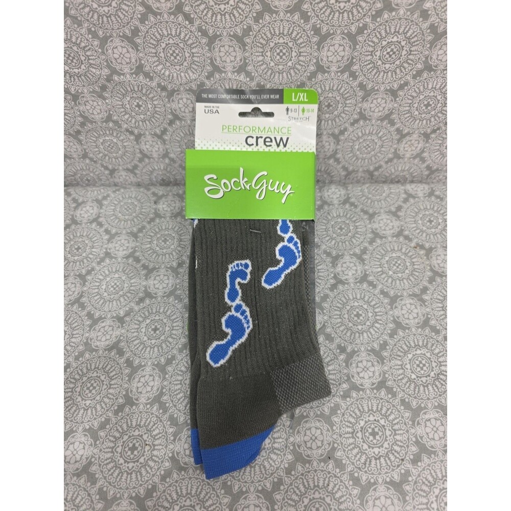 Sock Guy Performance Crew Socks L/XL Gray Blue Footprints Mother Teresa USA Made